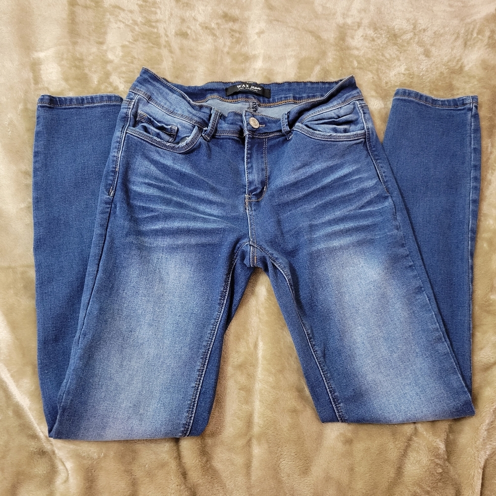 WOMENS 7 MEDIUM WASH BLUE DISTRESSED WAX JEAN
